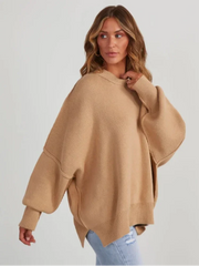 Solid Knitted Side Split Loose Pullover Fashion O Neck Long Sleeve Warm Sweater