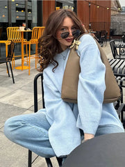 Solid Knitting Loose O-neck Long Sleeve Soft Elegant Basic Autumn Warm Sweater