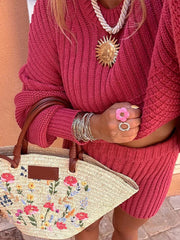 Solid Round Neck Knitted Shorts Suit Elegant Long Lantern Sleeve Sweater