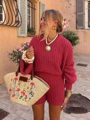 Solid Round Neck Knitted Shorts Suit Elegant Long Lantern Sleeve Sweater