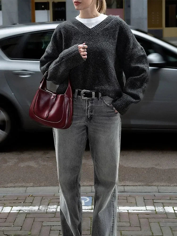 Solid V Neck Knitted Loose Pullover Fashion Long Sleeves Thick Sweater