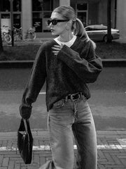 Solid V Neck Knitted Loose Pullover Fashion Long Sleeves Thick Sweater