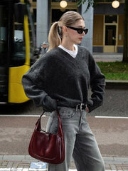 Solid V Neck Knitted Loose Pullover Fashion Long Sleeves Thick Sweater