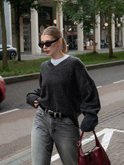 Solid V Neck Knitted Loose Pullover Fashion Long Sleeves Thick Sweater