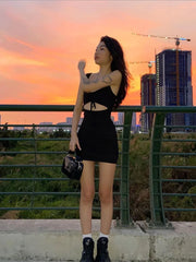 Spaghetti Strap Spring Summer Hollow Out Sleeveless New Lady Casual Mujer Mini Dress