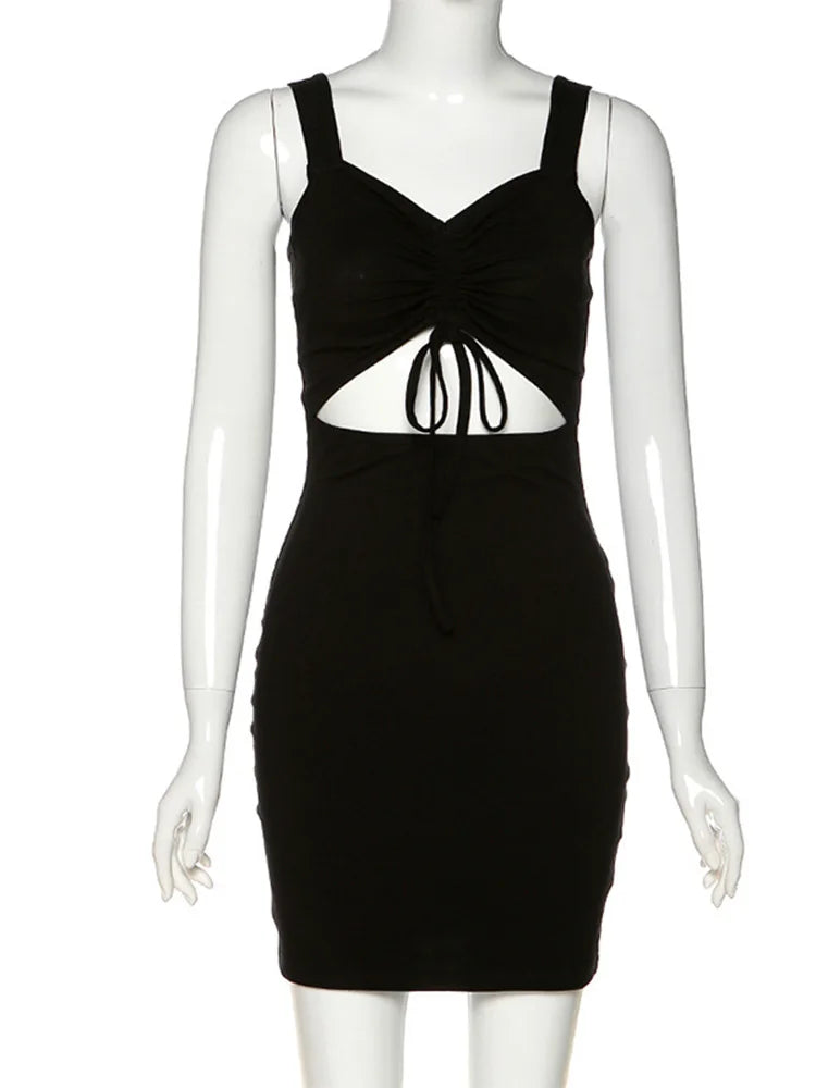 Spaghetti Strap Spring Summer Hollow Out Sleeveless New Lady Casual Mujer Mini Dress