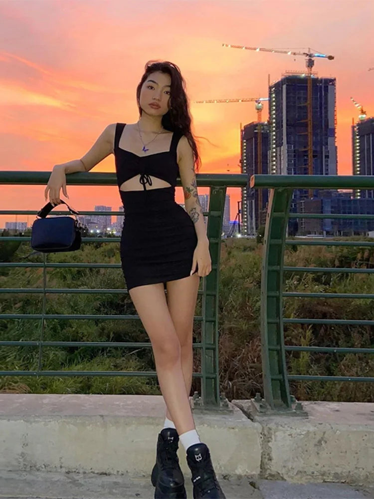 Spaghetti Strap Spring Summer Hollow Out Sleeveless New Lady Casual Mujer Mini Dress