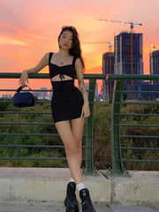 Spaghetti Strap Spring Summer Hollow Out Sleeveless New Lady Casual Mujer Mini Dress
