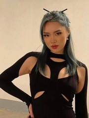 New Solid Black Stretch Slim Hollow Out Spring Casual High Street Cut Out Dress