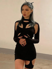 New Solid Black Stretch Slim Hollow Out Spring Casual High Street Cut Out Dress