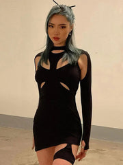 New Solid Black Stretch Slim Hollow Out Spring Casual High Street Cut Out Dress