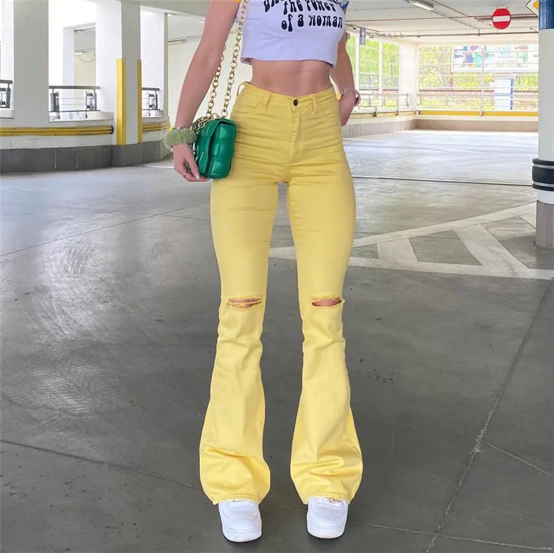 Stretch Yellow Ripped Hips Strap Bell Bottom Trouser