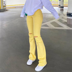 Stretch Yellow Ripped Hips Strap Bell Bottom Trouser