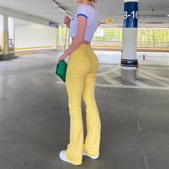 Stretch Yellow Ripped Hips Strap Bell Bottom Trouser