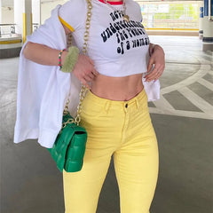 Stretch Yellow Ripped Hips Strap Bell Bottom Trouser