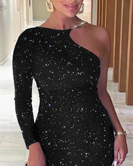 Stretchy Glitter Dress Long Sleeve Knee Bodycon Dress