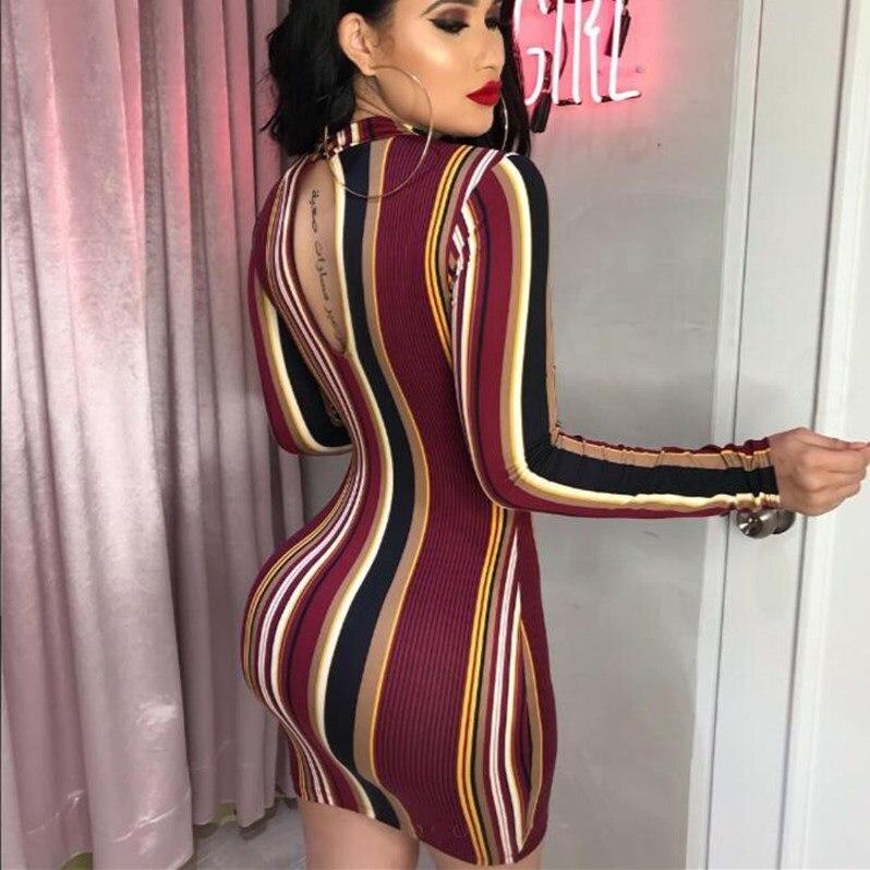 Stripe O-Neck Long Sleeve Bodycon Evening Party Backless Short Mini Dress Mix Color Striped Dress