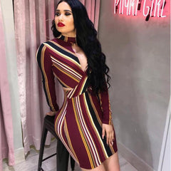 Stripe O-Neck Long Sleeve Bodycon Evening Party Backless Short Mini Dress Mix Color Striped Dress