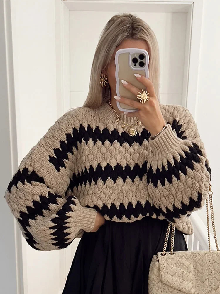 Striped Print Knitted Short Pullover Fashion O Neck Lantern Long Sleeve Sweater