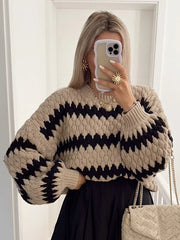 Striped Print Knitted Short Pullover Fashion O Neck Lantern Long Sleeve Sweater