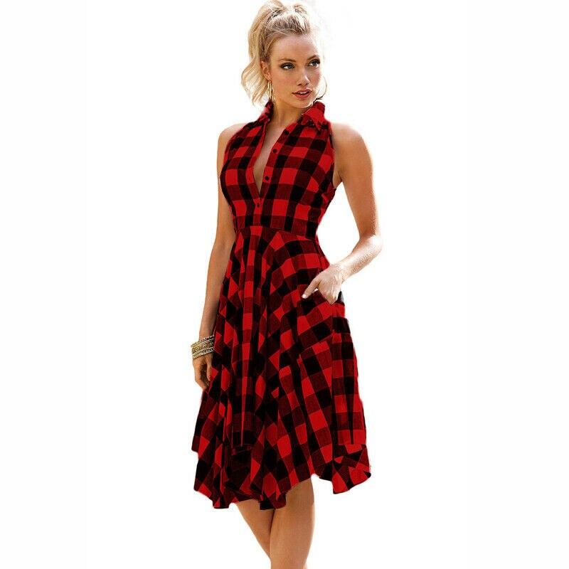 Summer Casual Dress OL Ladies Sleeveless Plaid Shirt Dress Elegant Party Pleated Irregular Dress Lady Clothes