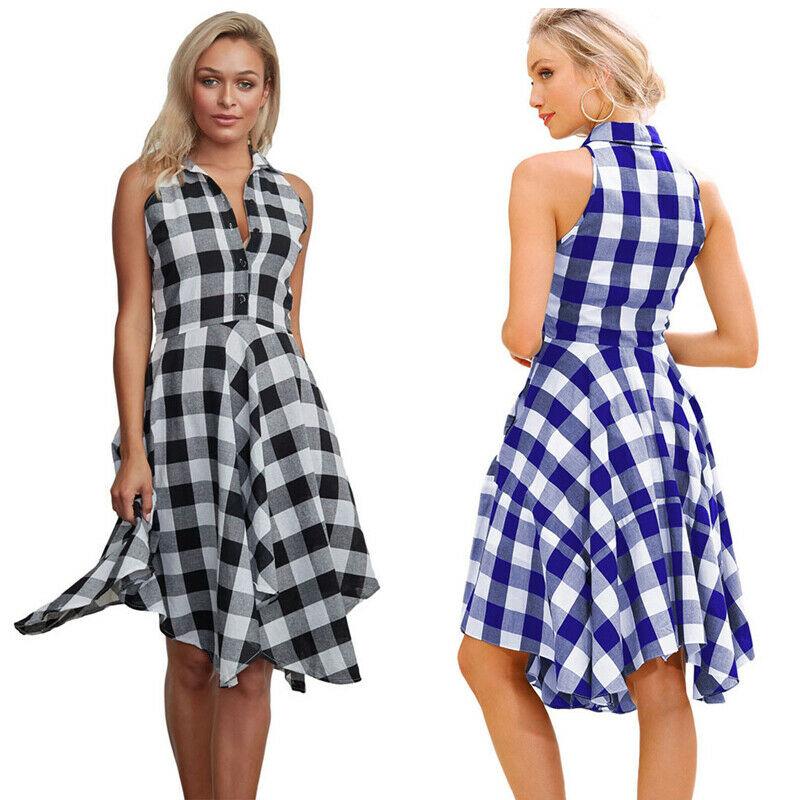 Summer Casual Dress OL Ladies Sleeveless Plaid Shirt Dress Elegant Party Pleated Irregular Dress Lady Clothes