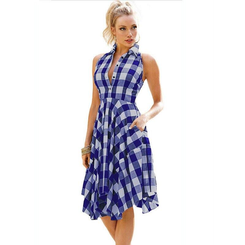 Summer Casual Dress OL Ladies Sleeveless Plaid Shirt Dress Elegant Party Pleated Irregular Dress Lady Clothes