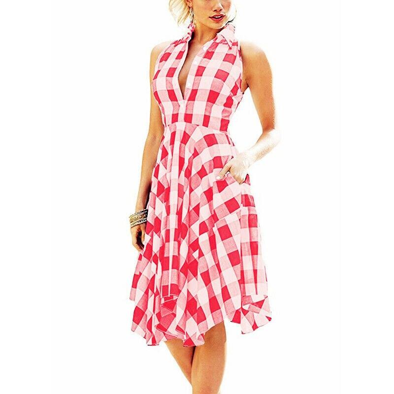 Summer Casual Dress OL Ladies Sleeveless Plaid Shirt Dress Elegant Party Pleated Irregular Dress Lady Clothes