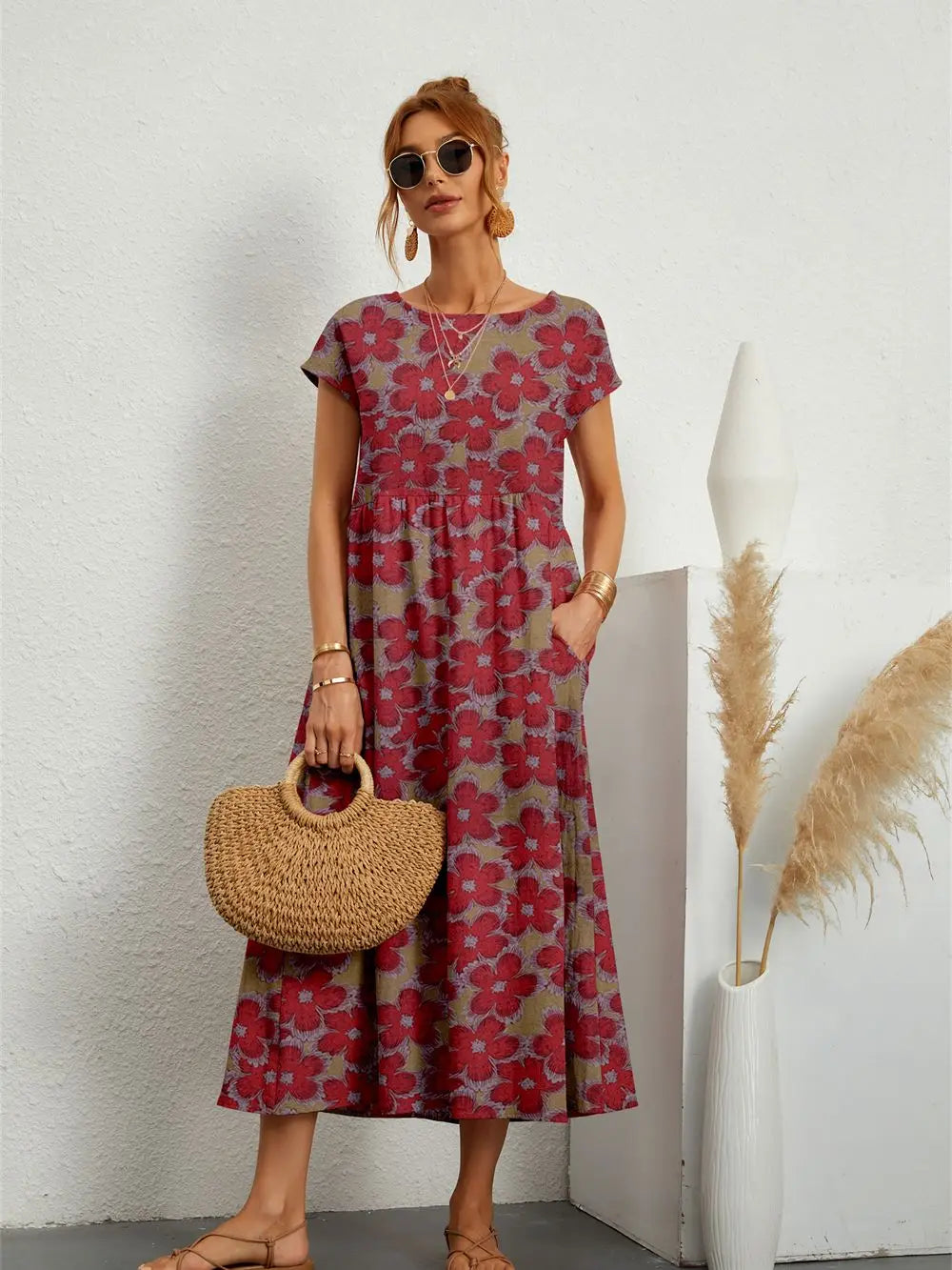 Summer Fashion Style Short Sleeve Print O-neck Fold with Pockets Midi Dress