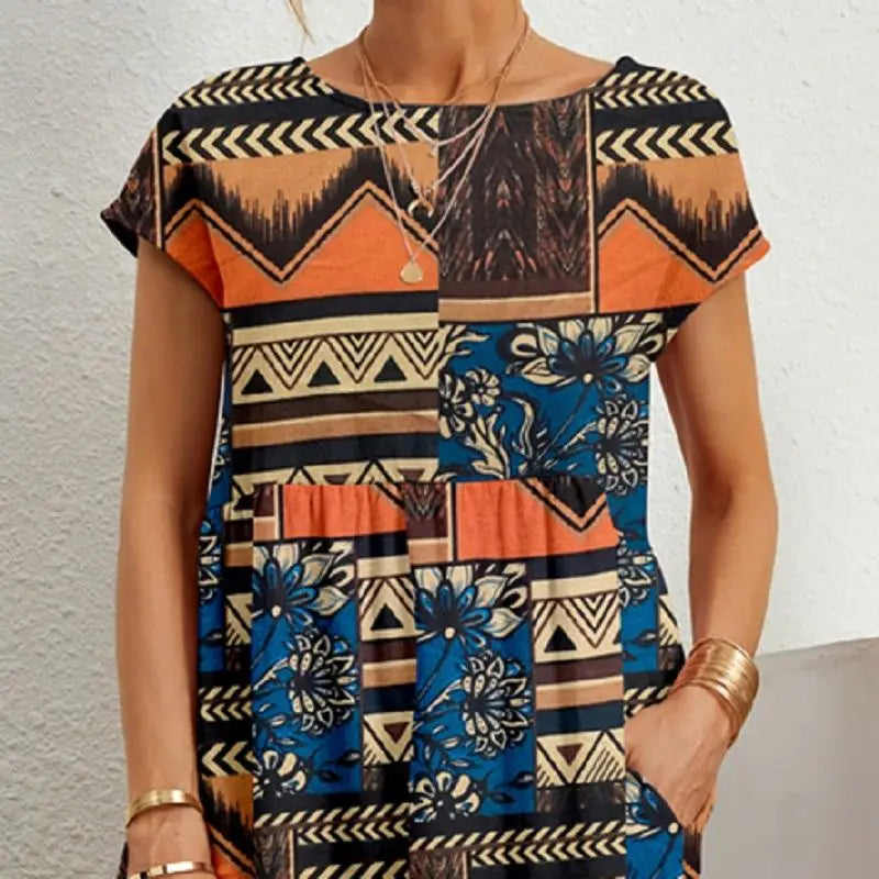 Summer Fashion Style Short Sleeve Print O-neck Fold with Pockets Midi Dress
