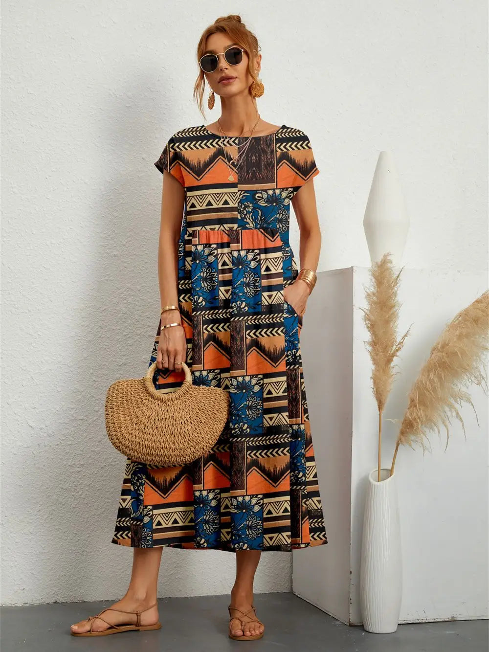 Summer Fashion Style Short Sleeve Print O-neck Fold with Pockets Midi Dress