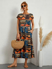 Summer Fashion Style Short Sleeve Print O-neck Fold with Pockets Midi Dress
