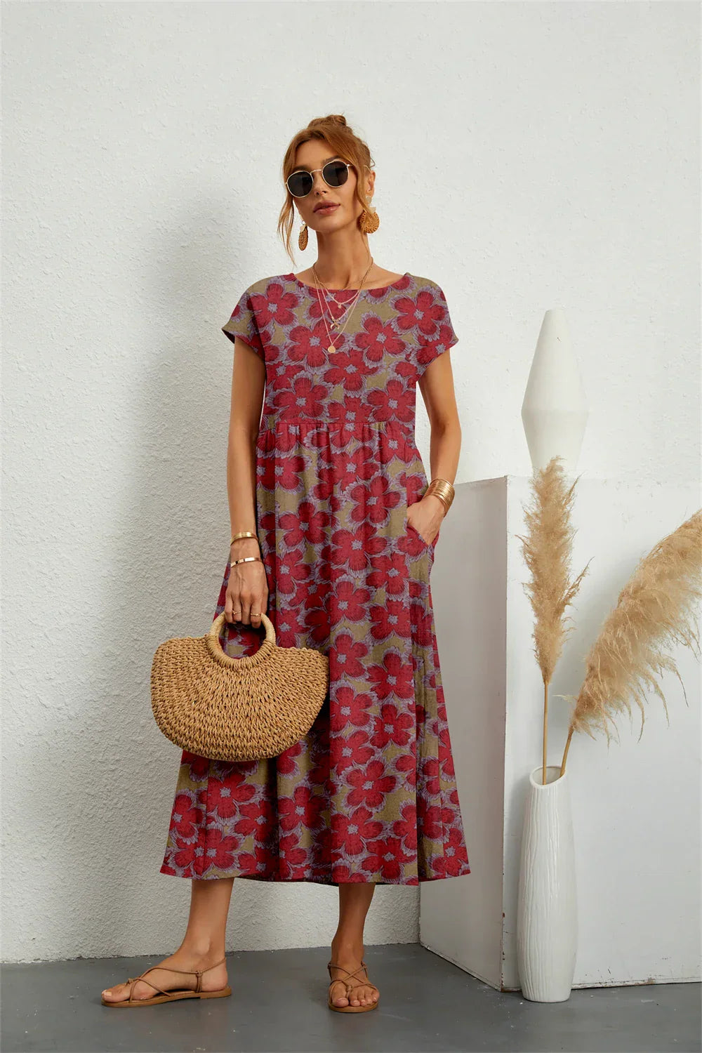 Summer Fashion Style Short Sleeve Print O-neck Fold with Pockets Midi Dress