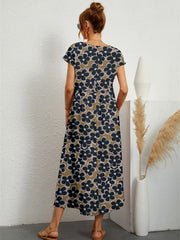 Summer Fashion Style Short Sleeve Print O-neck Fold with Pockets Midi Dress
