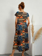 Summer Fashion Style Short Sleeve Print O-neck Fold with Pockets Midi Dress