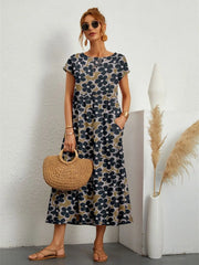 Summer Fashion Style Short Sleeve Print O-neck Fold with Pockets Midi Dress