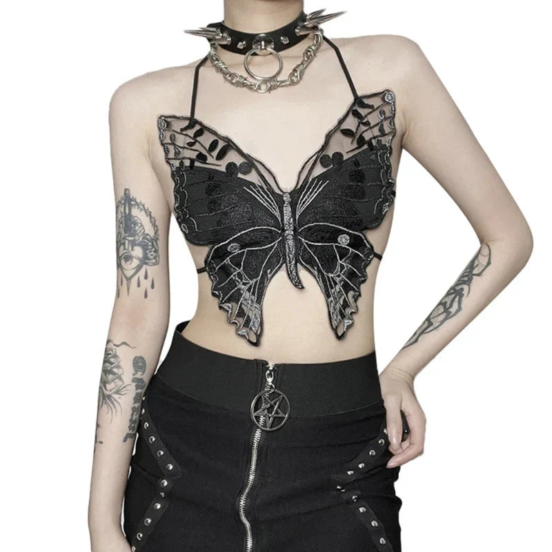 Gothic Butterfly-Shape Black Halter Strappy Backless Crop Top
