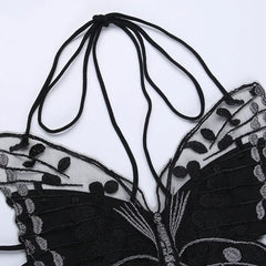 Gothic Butterfly-Shape Black Halter Strappy Backless Crop Top