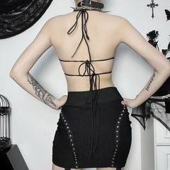 Gothic Butterfly-Shape Black Halter Strappy Backless Crop Top
