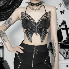 Gothic Butterfly-Shape Black Halter Strappy Backless Crop Top