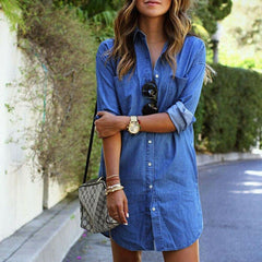 Summer Mini Denim Jeans Dress 2019 New Fashion Ladies Casual Long Sleeve V Neck Loose Top Blouse Shirt Dress
