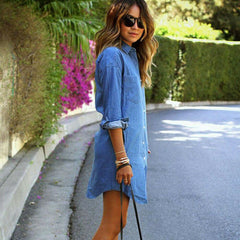 Summer Mini Denim Jeans Dress 2019 New Fashion Ladies Casual Long Sleeve V Neck Loose Top Blouse Shirt Dress