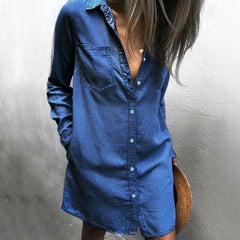 Summer Mini Denim Jeans Dress 2019 New Fashion Ladies Casual Long Sleeve V Neck Loose Top Blouse Shirt Dress