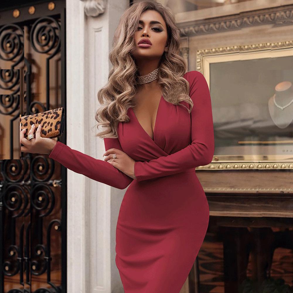 Summer Long Sleeve Low Collar V-Neck Dress Bandage Bodycon High Waist Dress Fashion New Slim Solid Short Pencil Dress