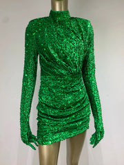 Green Velvet Sequin Bodycon Turtleneck Mini Dress for Christmas Party