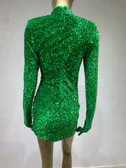 Green Velvet Sequin Bodycon Turtleneck Mini Dress for Christmas Party