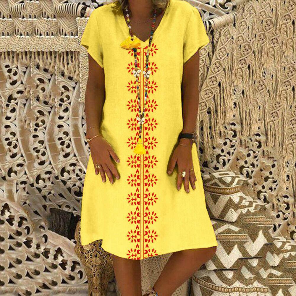 Summer Short Sleeve Cotton Linen Long Maxi Dress Fashion Ladies Casual Loose Beach Kaftan Dresses Sundress