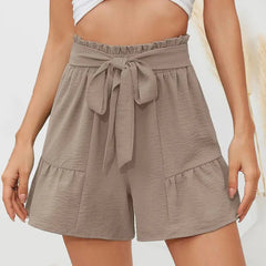 Summer High Waist Bow-knot Lace Up Loose Elastic Waist Patchwork Above Knee Length Female Pants Short