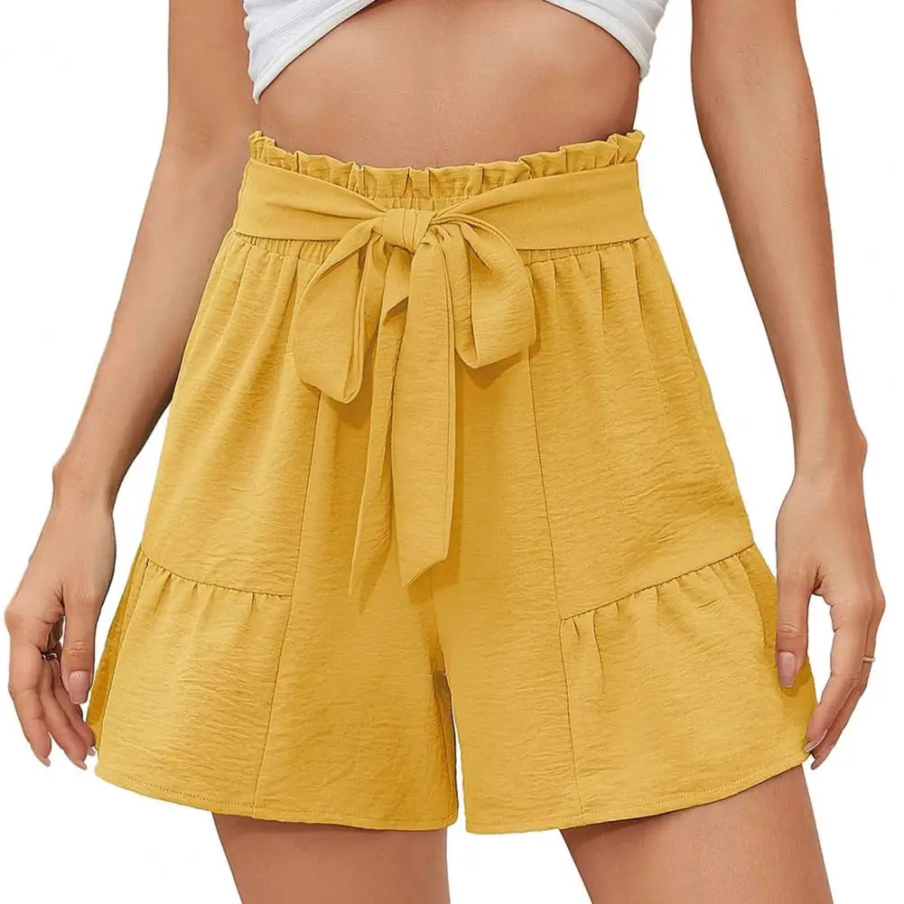 Summer High Waist Bow-knot Lace Up Loose Elastic Waist Patchwork Above Knee Length Female Pants Short