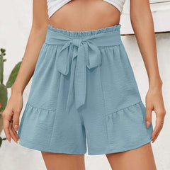 Summer High Waist Bow-knot Lace Up Loose Elastic Waist Patchwork Above Knee Length Female Pants Short